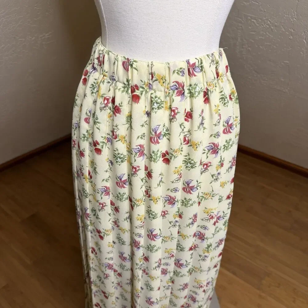 Vintage Susan Bristol Pleated Midi Skirt Womens M Yellow Floral Cottagecore